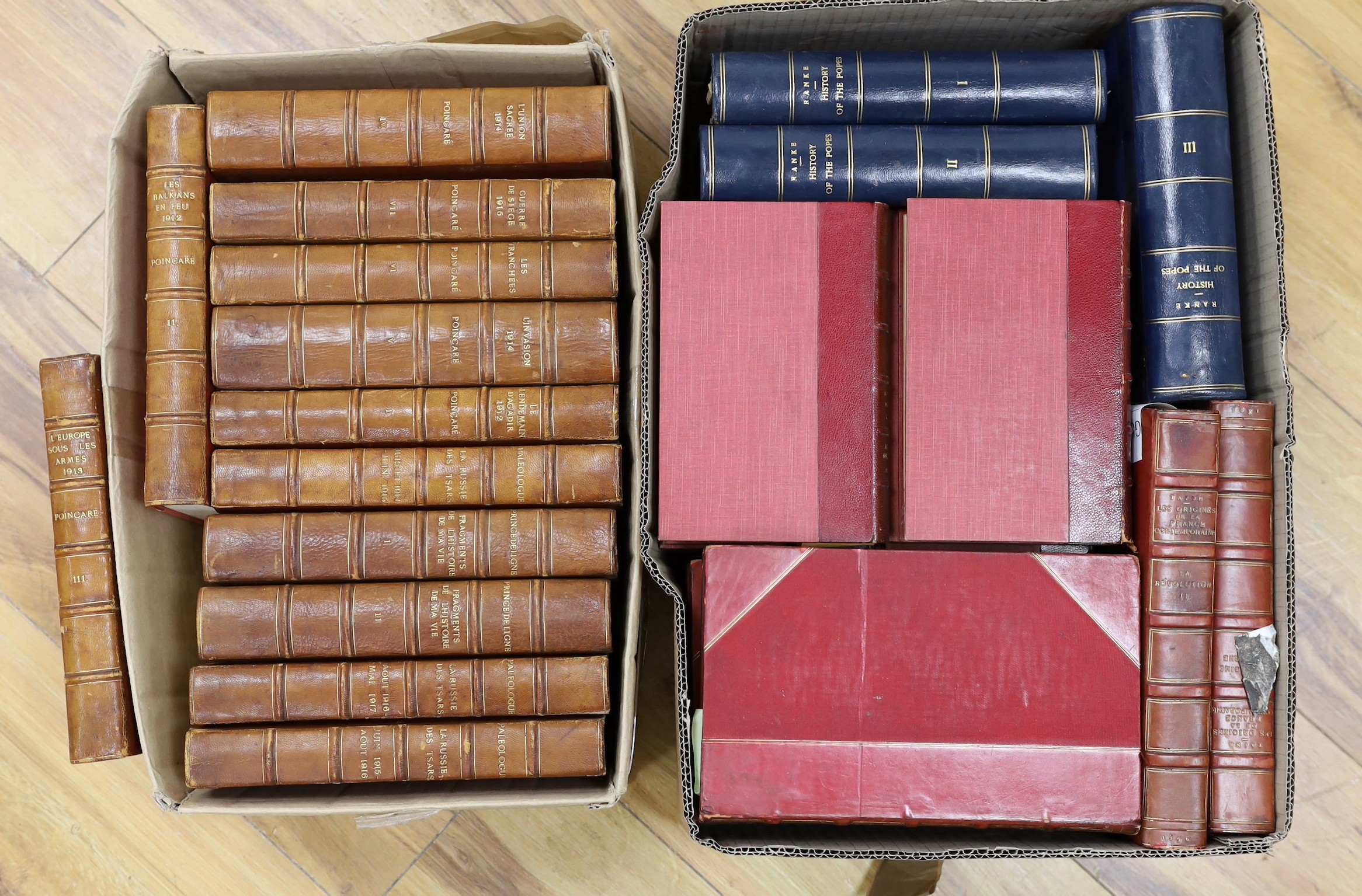 Ranke, Leopold - The Ecclesiastical and Political History of the Popes of Rome. 2nd edition, 3 vols. old calf backed cloth. 1841; Taine, H. Ouvrage Complet. 6 vols (various editions); contemp. red gilt ruled half calf an